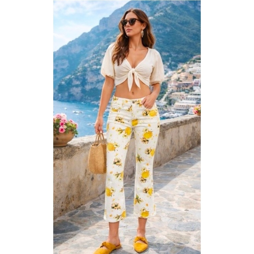Anthropologie Pilcro Lemon Print High-Rise Bootcut Cropped Jeans White Yellow 27